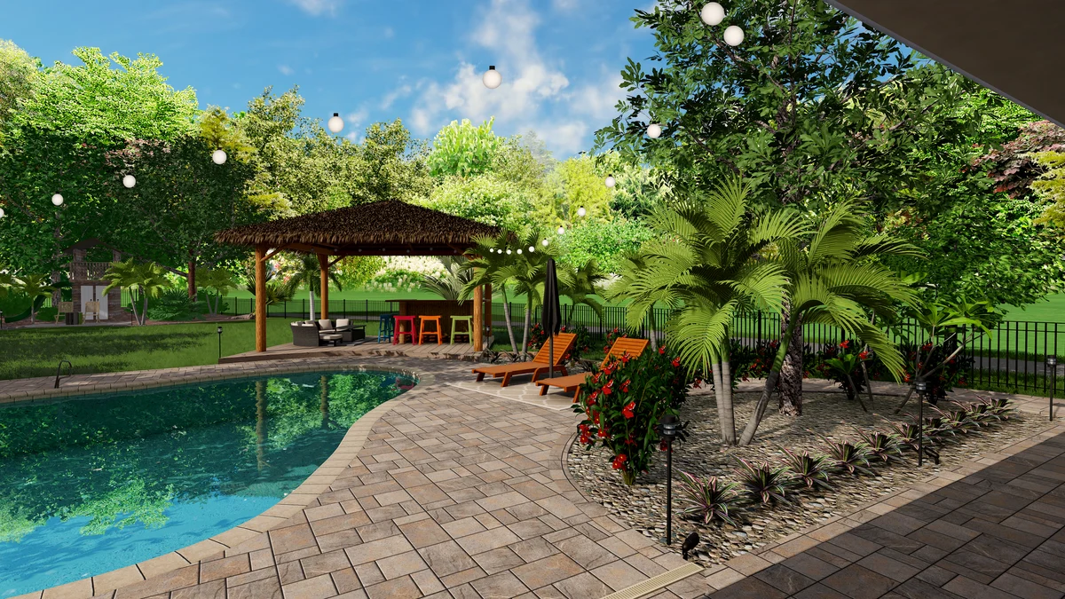 A realistic three-dimensional landscape planning visualization for a pool and patio
